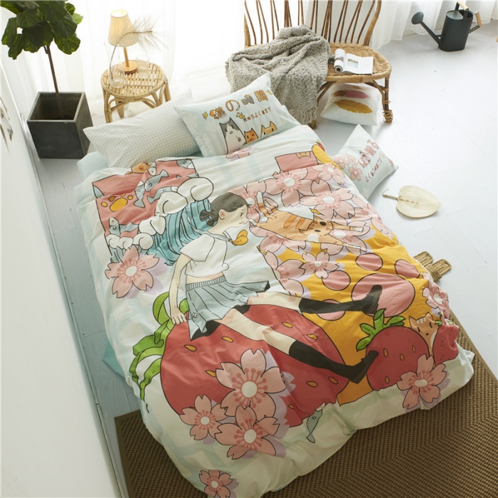 91家纺网 家纺一手货源 找家纺 璞素 2019新款水洗棉数码印花套件 樱花与猫