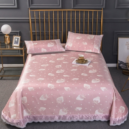 皇居家纺 600D花边款色织提花水洗床单款软凉席三件套粉草莓