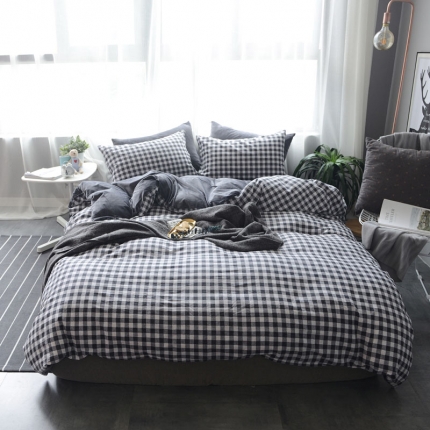91家纺网 家纺一手货源 找家纺 梦家居 2017韩国简约A棉B绒四件套小黑格-绒
