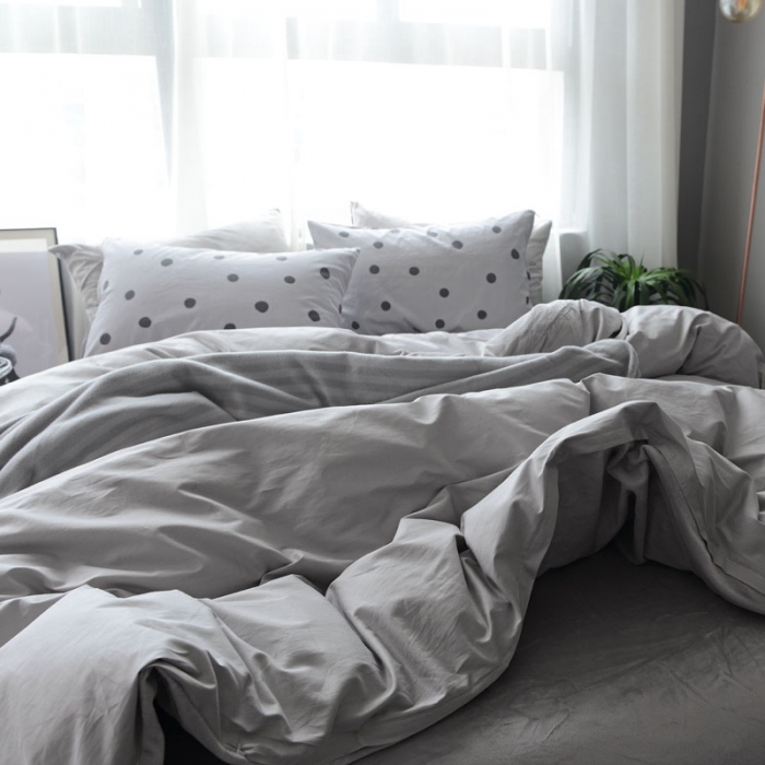 91家纺网 家纺一手货源 找家纺 梦家居 2017韩国简约A棉B绒四件套纯浅灰-绒