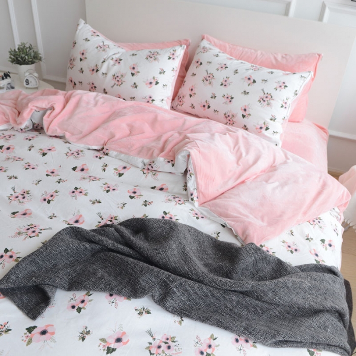 91家纺网 家纺一手货源 找家纺 梦家居 2017韩国简约A棉B绒四件套花束-绒