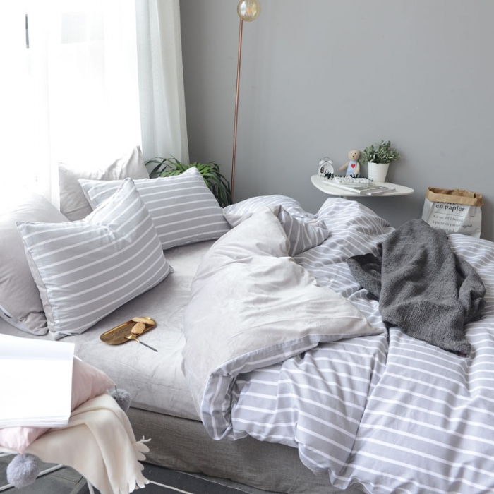 91家纺网 家纺一手货源 找家纺 梦家居 2017韩国简约A棉B绒四件套浅夏-绒