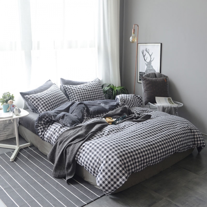 91家纺网 家纺一手货源 找家纺 梦家居 2017韩国简约A棉B绒四件套小黑格-绒