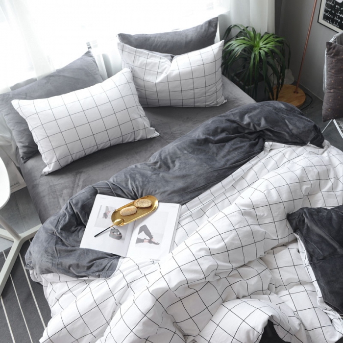 91家纺网 家纺一手货源 找家纺 梦家居 2017韩国简约A棉B绒四件套雅灰