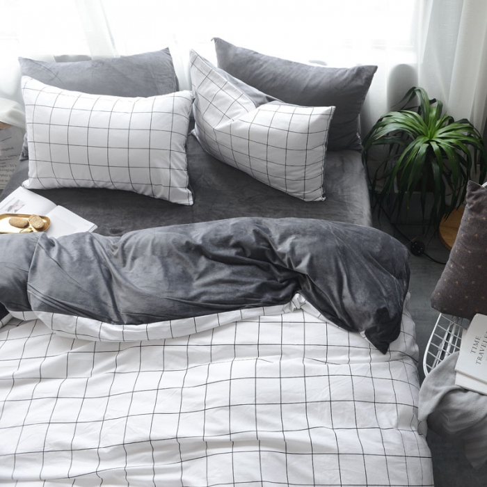 91家纺网 家纺一手货源 找家纺 梦家居 2017韩国简约A棉B绒四件套雅灰