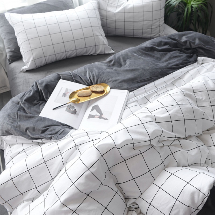 91家纺网 家纺一手货源 找家纺 梦家居 2017韩国简约A棉B绒四件套雅灰