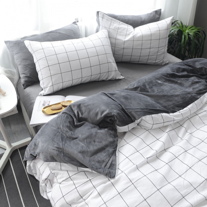 91家纺网 家纺一手货源 找家纺 梦家居 2017韩国简约A棉B绒四件套雅灰