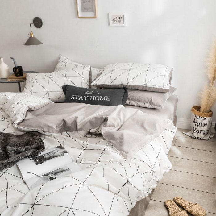 91家纺网 家纺一手货源 找家纺 梦家居 2018新款北欧简约冷淡风套件艾米尔浅灰