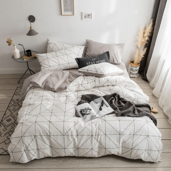 91家纺网 家纺一手货源 找家纺 梦家居 2018新款北欧简约冷淡风套件艾米尔浅灰