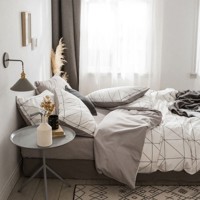 91家纺网 家纺一手货源 找家纺 梦家居 2018新款北欧简约冷淡风套件艾米尔浅灰