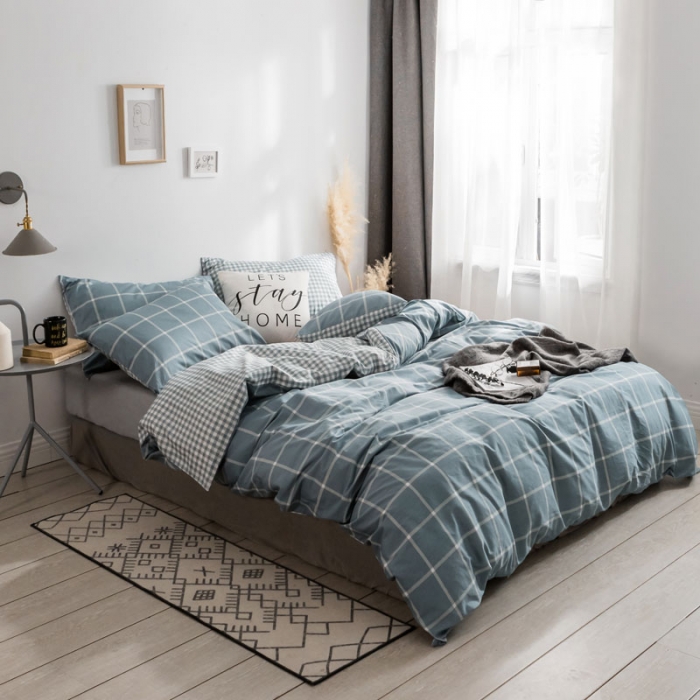 91家纺网 家纺一手货源 找家纺 梦家居 2018新款北欧简约冷淡风套件蓝调