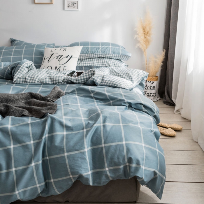 91家纺网 家纺一手货源 找家纺 梦家居 2018新款北欧简约冷淡风套件蓝调