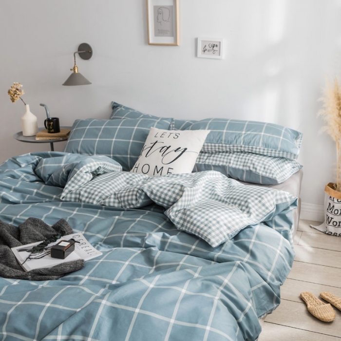 91家纺网 家纺一手货源 找家纺 梦家居 2018新款北欧简约冷淡风套件蓝调