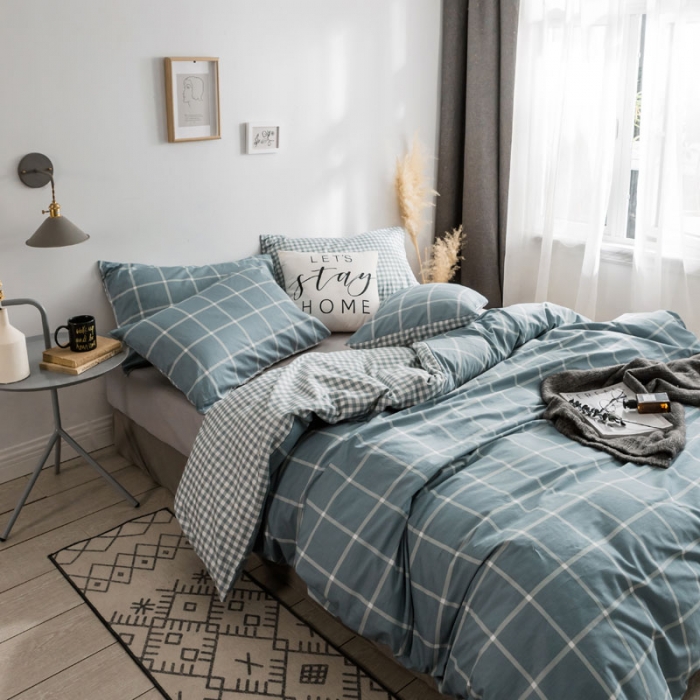 91家纺网 家纺一手货源 找家纺 梦家居 2018新款北欧简约冷淡风套件蓝调