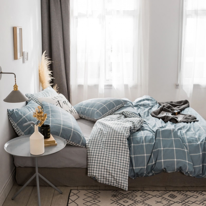 91家纺网 家纺一手货源 找家纺 梦家居 2018新款北欧简约冷淡风套件蓝调