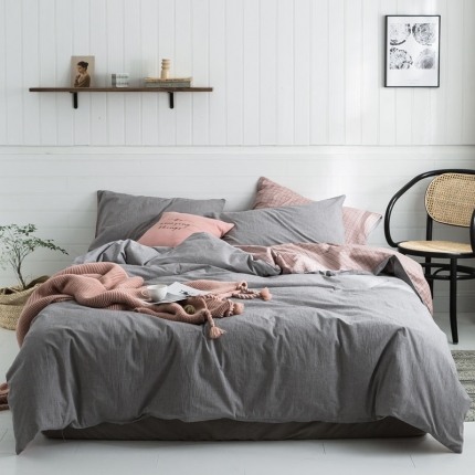 91家纺网 家纺一手货源 找家纺 （总）梦家居 2019新款北欧全棉色织水洗棉拼色四件套床笠款