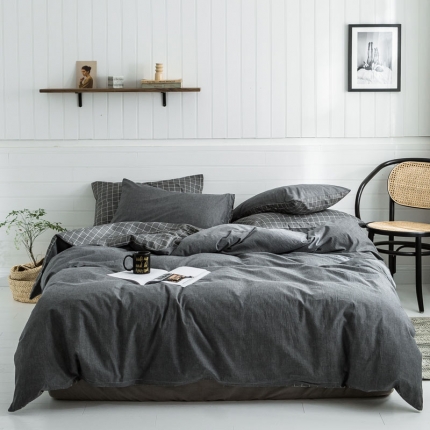 91家纺网 家纺一手货源 找家纺 （总）梦家居 2019新款北欧全棉色织水洗棉拼色四件套床笠款