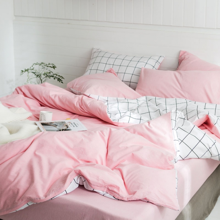 91家纺网 家纺一手货源 找家纺 梦家居 2019新款北欧全棉色织水洗棉拼色四件套 浅粉大格