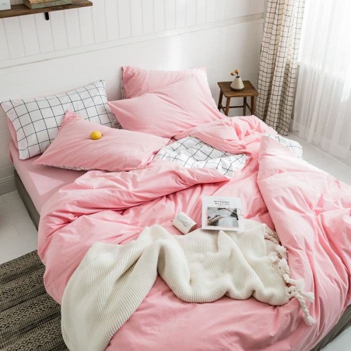 91家纺网 家纺一手货源 找家纺 梦家居 2019新款北欧全棉色织水洗棉拼色四件套 浅粉大格