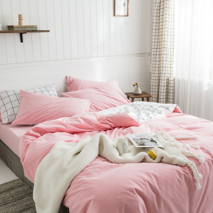 91家纺网 家纺一手货源 找家纺 梦家居 2019新款北欧全棉色织水洗棉拼色四件套 浅粉大格