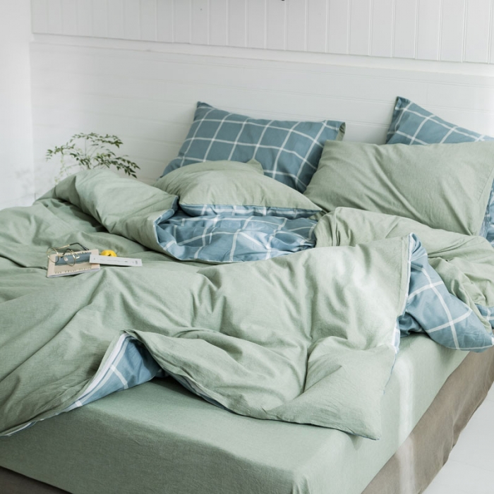 91家纺网 家纺一手货源 找家纺 梦家居 2019新款北欧全棉色织水洗棉拼色四件套 浅绿大格