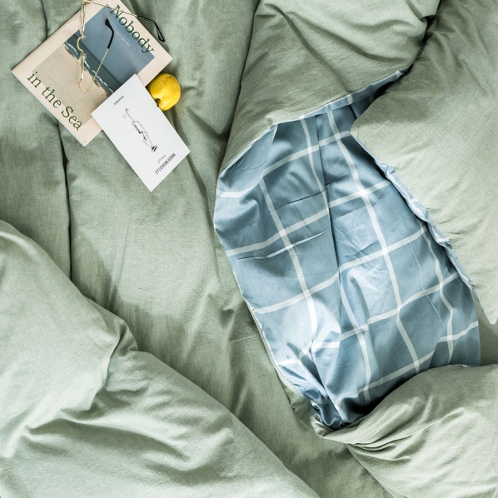 91家纺网 家纺一手货源 找家纺 梦家居 2019新款北欧全棉色织水洗棉拼色四件套 浅绿大格