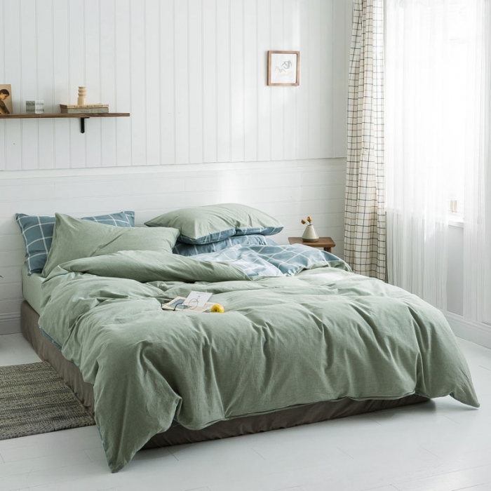 91家纺网 家纺一手货源 找家纺 梦家居 2019新款北欧全棉色织水洗棉拼色四件套 浅绿大格