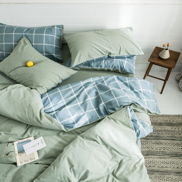 91家纺网 家纺一手货源 找家纺 梦家居 2019新款北欧全棉色织水洗棉拼色四件套 浅绿大格