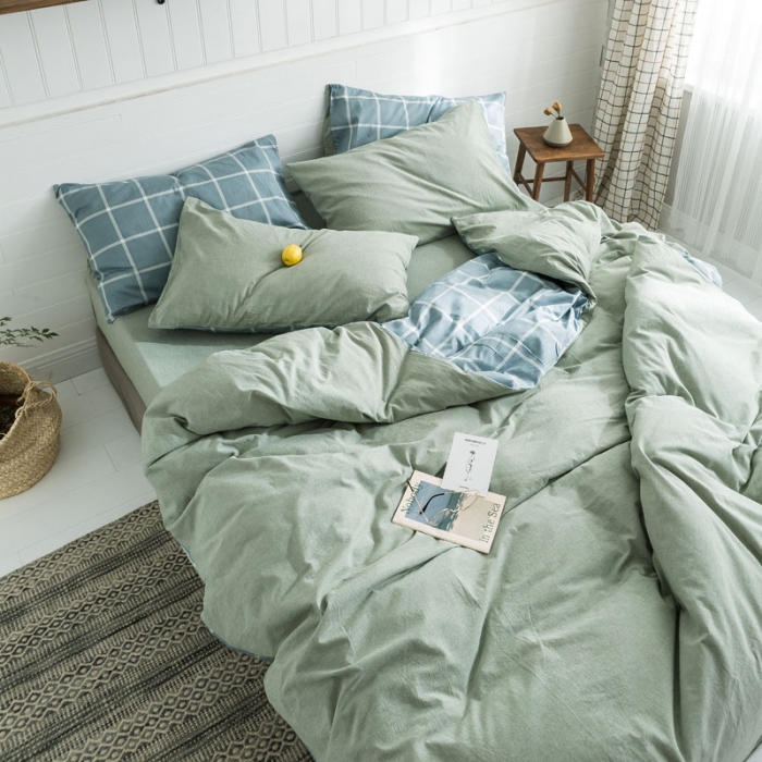 91家纺网 家纺一手货源 找家纺 梦家居 2019新款北欧全棉色织水洗棉拼色四件套 浅绿大格