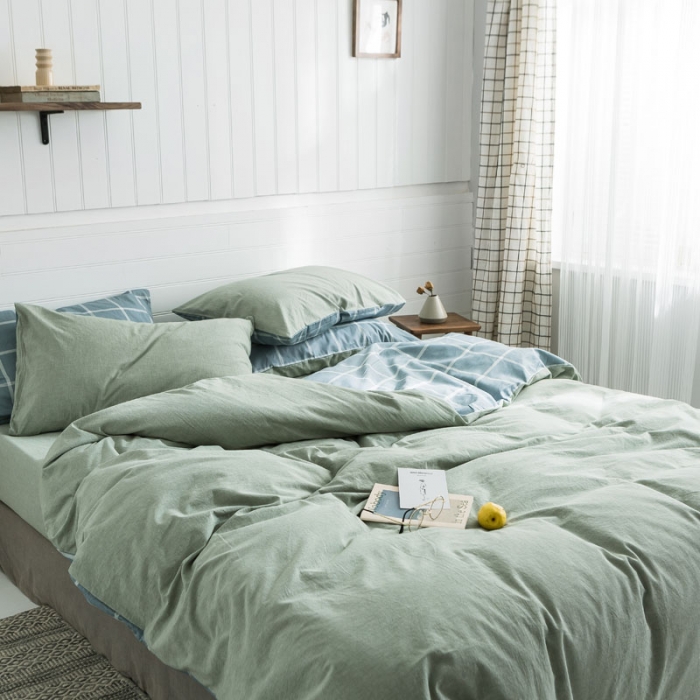 91家纺网 家纺一手货源 找家纺 梦家居 2019新款北欧全棉色织水洗棉拼色四件套 浅绿大格