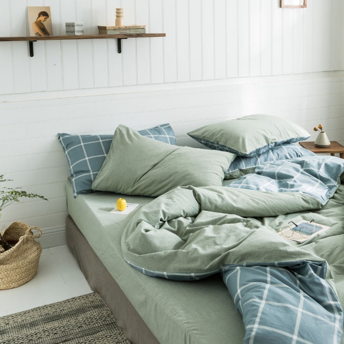 91家纺网 家纺一手货源 找家纺 梦家居 2019新款北欧全棉色织水洗棉拼色四件套 浅绿大格