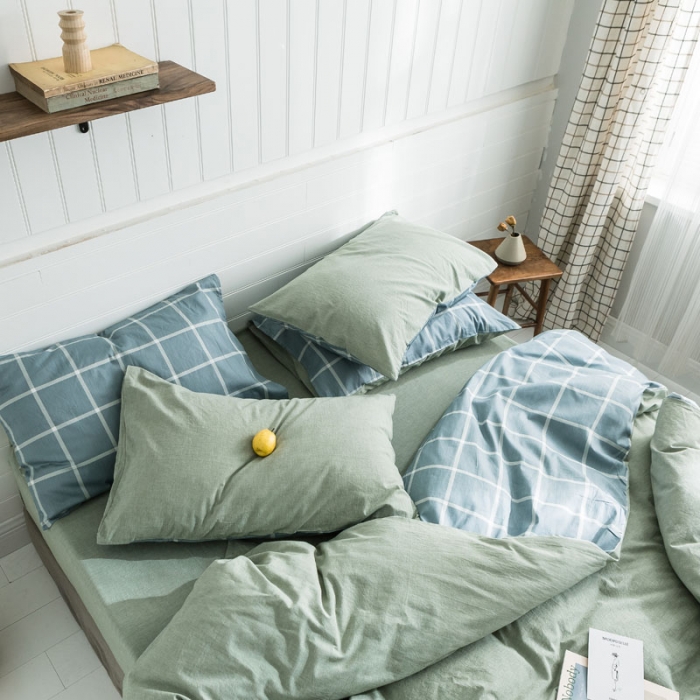 91家纺网 家纺一手货源 找家纺 梦家居 2019新款北欧全棉色织水洗棉拼色四件套 浅绿大格