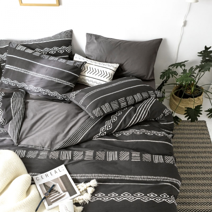 91家纺网 家纺一手货源 找家纺 梦家居 2019新品北欧简约全棉四件套 巴洛克-深灰