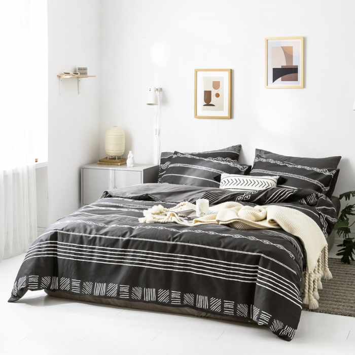 91家纺网 家纺一手货源 找家纺 梦家居 2019新品北欧简约全棉四件套 巴洛克-深灰