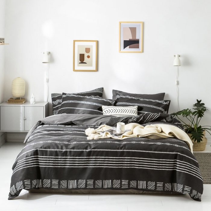 91家纺网 家纺一手货源 找家纺 梦家居 2019新品北欧简约全棉四件套 巴洛克-深灰