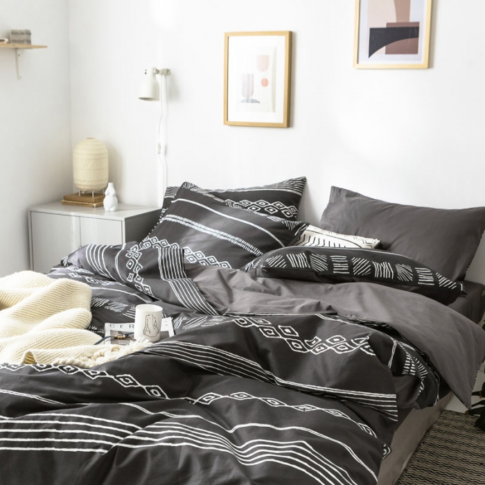 91家纺网 家纺一手货源 找家纺 梦家居 2019新品北欧简约全棉四件套 巴洛克-深灰