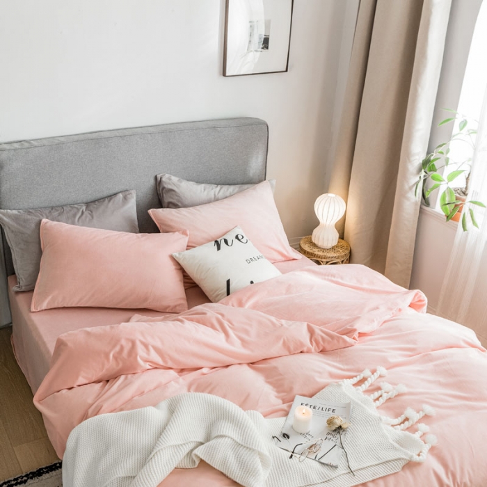 91家纺网 家纺一手货源 找家纺 梦家居 2019韩国简约素色天鹅绒四件套 浅粉色