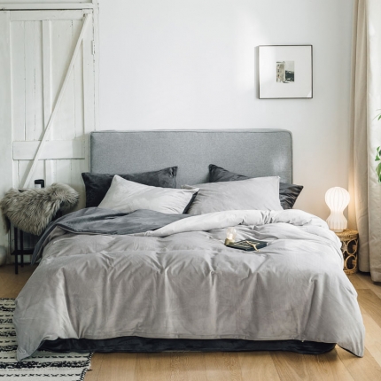 91家纺网 家纺一手货源 找家纺 梦家居 2019韩国简约素色天鹅绒四件套 浅灰拼深灰