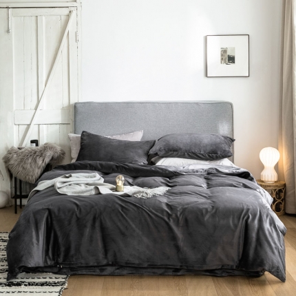 91家纺网 家纺一手货源 找家纺 梦家居 2019韩国简约素色天鹅绒四件套 深灰色