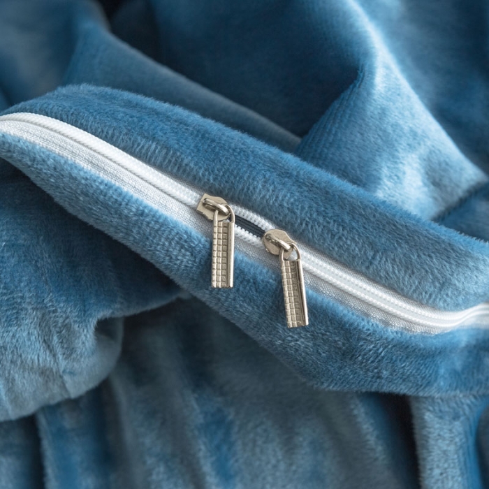 91家纺网 家纺一手货源 找家纺 梦家居 2019韩国简约素色天鹅绒四件套 雾蓝搭深灰