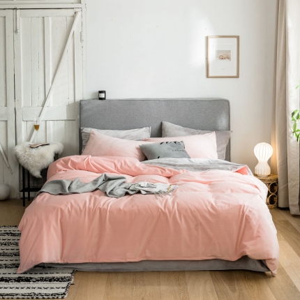 梦家居 2019韩国简约素色天鹅绒四件套 浅粉拼浅灰
