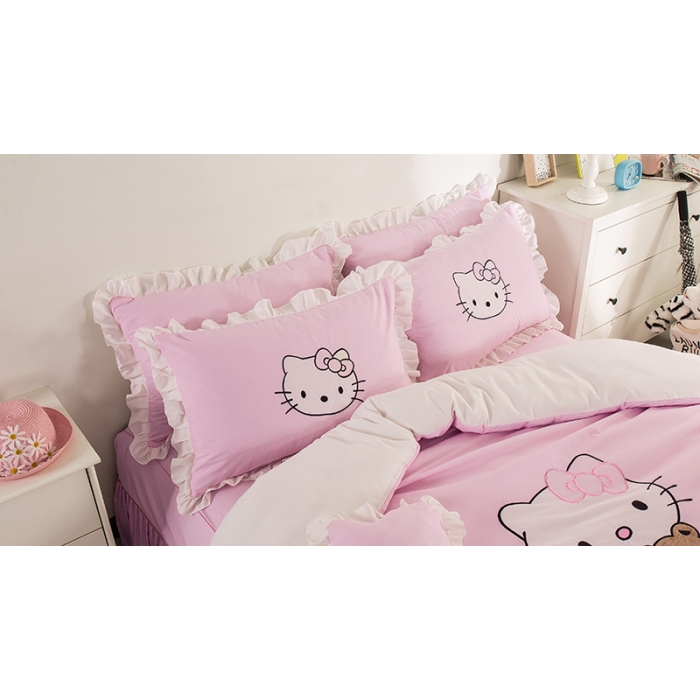 91家纺网 家纺一手货源 找家纺 绒世界 2018新款水洗棉（床单/床笠/床裙）可爱KT粉