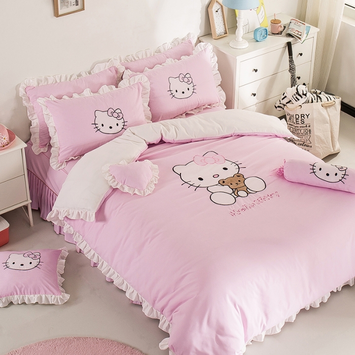 91家纺网 家纺一手货源 找家纺 绒世界 2018新款水洗棉（床单/床笠/床裙）可爱KT粉