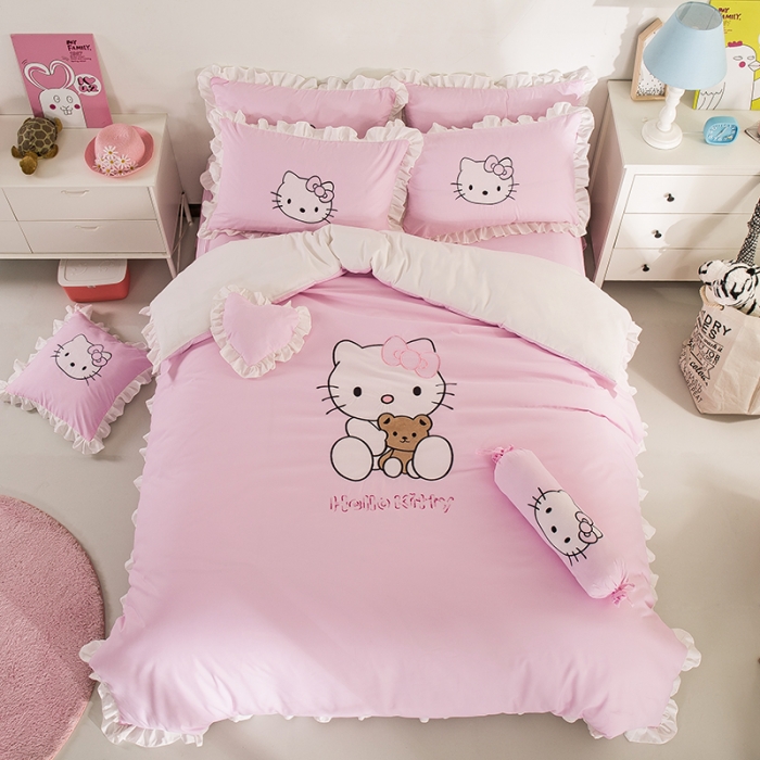 91家纺网 家纺一手货源 找家纺 绒世界 2018新款水洗棉（床单/床笠/床裙）可爱KT粉