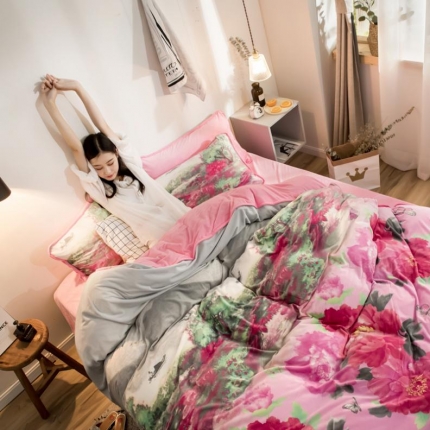 91家纺网 家纺一手货源 找家纺 欧冠家纺 2018印花牛奶绒爆款四件套 小房子