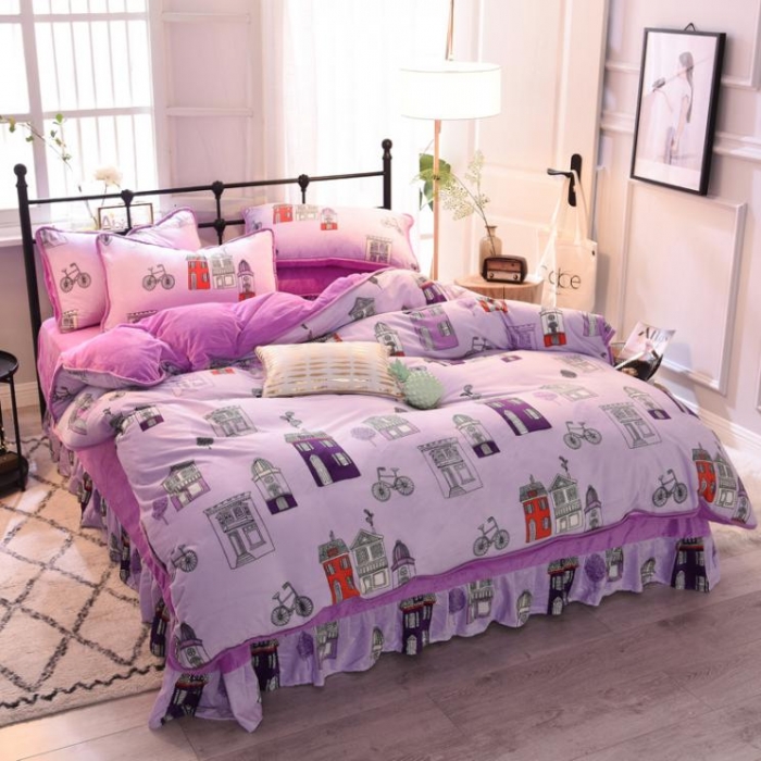 91家纺网 家纺一手货源 找家纺 绒世界 2018秋冬印花牛奶绒爆款四件套第二版 小房子