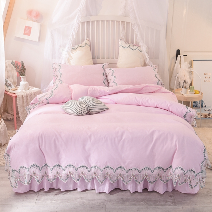 91家纺网 家纺一手货源 找家纺 欧冠 2019新品玫瑰秘密系列四件套床裙款玫瑰秘密-粉