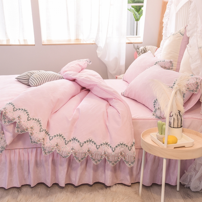 91家纺网 家纺一手货源 找家纺 欧冠 2019新品玫瑰秘密系列四件套床裙款玫瑰秘密-粉