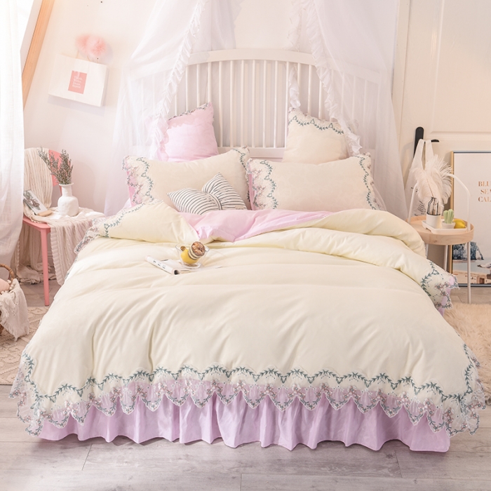 91家纺网 家纺一手货源 找家纺 欧冠 2019新品玫瑰秘密系列四件套床裙款玫瑰秘密-粉白