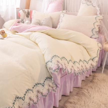 欧冠 2019新品玫瑰秘密系列四件套床裙款玫瑰秘密-粉白